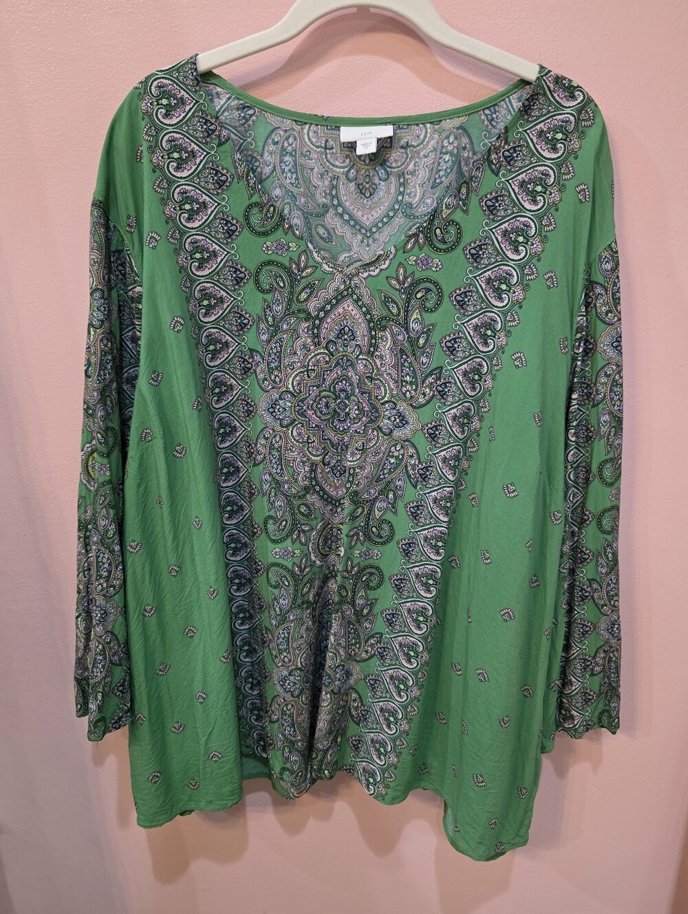 J.Jill Green Paisley Boho Tunic Top 4X Long Sleeve Relaxed Fit